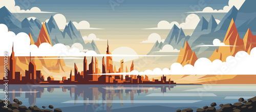 Solitary person in a dark trench coat and fedora hat looks out over a desolate polar scene with floating ice floes and massive icebergs in a textured, hand-drawn style