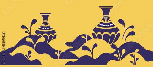 Hand holding a fresh green coconut drink with a straw is surrounded by tropical leaves in a modern graphic illustration with halftone textures