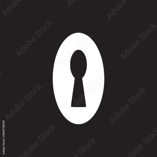A graphic of a keyhole in black on a white circle against a solid black background with soft lighting