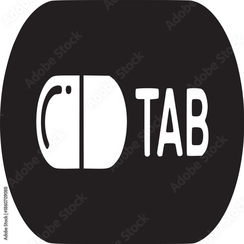 A black oblong shape containing a white pill icon and the word tab on a white background space