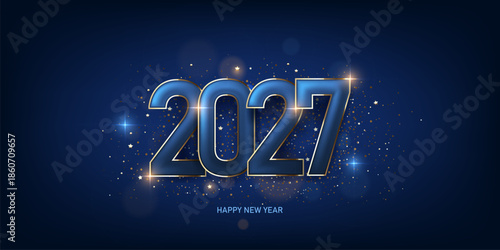 Happy new year 2027 background. Shiny blue colored numbers with golden frame and bokeh light in background. Holiday greeting card design. 