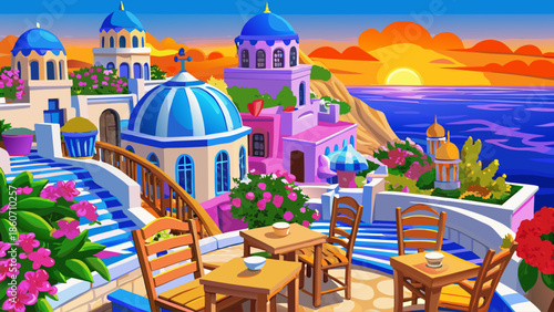 Summer sunset vacation scenic luxury famous Europe destination white architecture Santorini Greece stunning travel scenery pink flowers chairs terrace sunny blue sky romantic street atmosphere