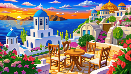 Summer sunset vacation scenic luxury famous Europe destination white architecture Santorini Greece stunning travel scenery pink flowers chairs terrace sunny blue sky romantic street atmosphere