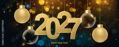 Happy new year 2027 background. Golden numbers and Christmas decoration with shiny lights in background. Holiday greeting card.
