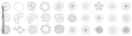 Vector Architectural Top View Tree and Shrub CAD Block Set in Black Outline Style