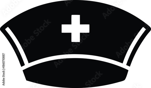 Black nurse cap with white cross, Medical healthcare professional headwear icon