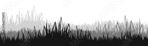 Meadow silhouette with grass, plants on plain. Panoramic summer lawn landscape with herbs, various weeds. Herbal border, frame element. Black horizontal banners. Vector illustration