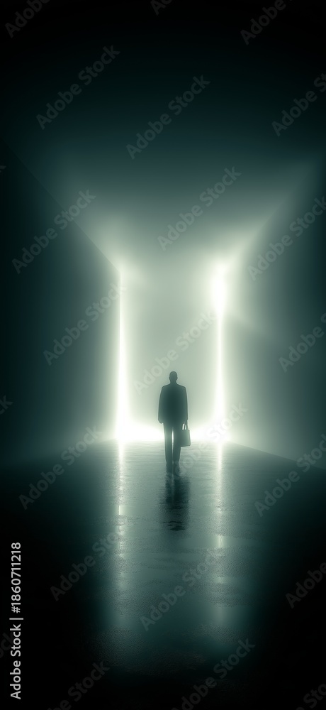 Obraz premium Silhouette of woman in light ray leaving darkness. Female silhouette standing in a beam of light, symbolizing hope and new beginnings