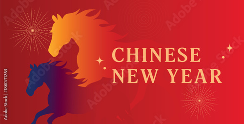 Chinese, Lunar New Year Festive Banner with Horse silhouette on a red background. Bright Festive Design Suitable for holiday posters, banners, greeting cards, social media advertising. 