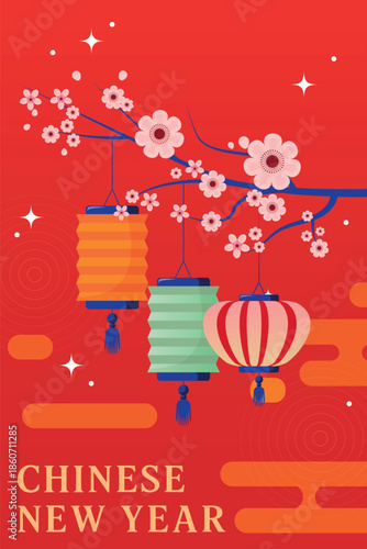 Chinese, Lunar New Year Festive Vertical poster with golden lanterns and traditional decorative elements. Red and Gold Festive Design Suitable for holiday posters, banners, greetings, social media. 

