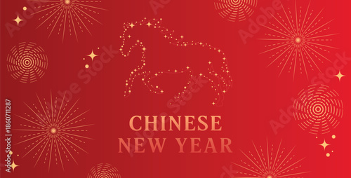 Chinese, Lunar New Year Festive Banner with Horse silhouette on a red background. Bright Festive Design Suitable for holiday posters, banners, greeting cards, social media advertising. 