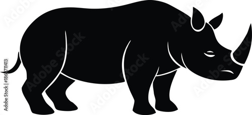 Powerful black rhinoceros silhouette illustration, Majestic safari wildlife creature icon