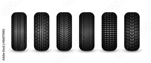 Rubber tires silhouettes. Car, truck, and motorcycle wheels, tread pattern designs. Perfect for automotive, racing, and motorsport themes, repair service and transport industry. Vector illustration