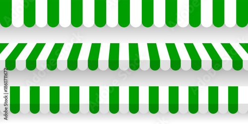 Shop sunshade. Realistic striped cafe awning. Outdoor market tent. Roof canopy. Summer street store. Vector illustration