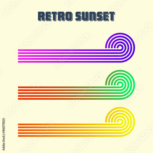 Vintage colorful sunset. Various gradient striped sunrise badges in 80s and 90s style. Sun and ocean view, summer vibes, surfing. Design element for print, logo or t-shirt. Vector illustration