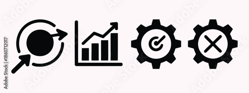 Black and white icons set with magnifying glass graph and gears