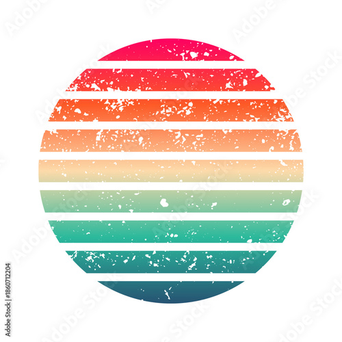 Vintage colorful sunset. Striped gradient sunrise badge in 80s and 90s style. Sun and ocean view, summer vibes, surfing. Design element for print, logo or t-shirt. Vector illustration