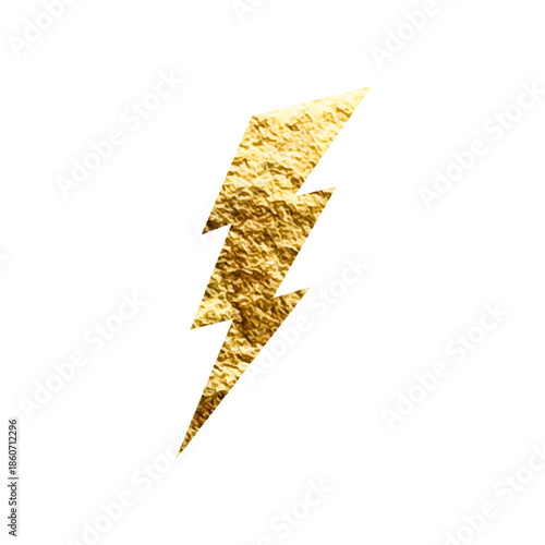 Golden lightning bolt icon. Gold foil texture. Flash symbol, thunderbolt. Simple lightning strike sign. Vector illustration