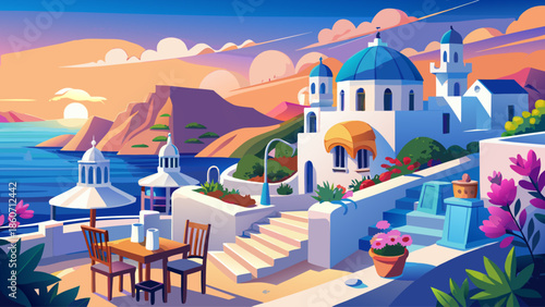 Summer sunset vacation scenic luxury famous Europe destination white architecture Santorini Greece stunning travel scenery pink flowers chairs terrace sunny blue sky romantic street atmosphere.