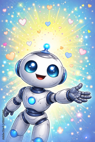 Cute smiling robot with hearts representing empathy and emotional connection