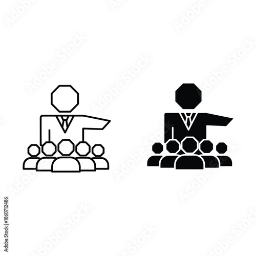 Black and white line of a speaker addressing an audience