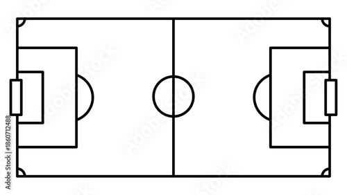 Football Ground Top View Diagram With Black Outline on White Background, Soccer Field Layout Plan Illustration