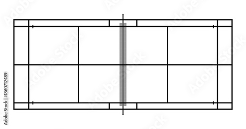 Tennis Court Top View Diagram With Black Outline Lines on White Background, Clean Sports Court Layout Illustration