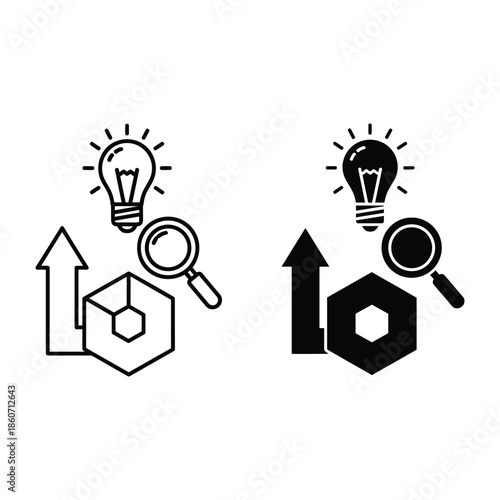 Black and white of lightbulb idea magnifying glass and upward arrow