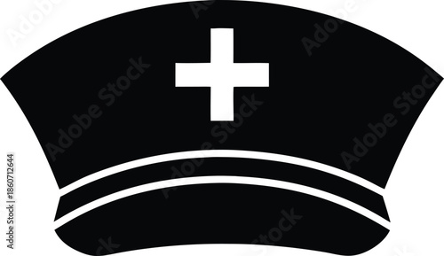 Classic black nurse cap icon, Medical assistant uniform headwear symbol