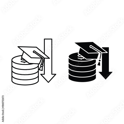 Graduation cap on database with downward arrow in black and white