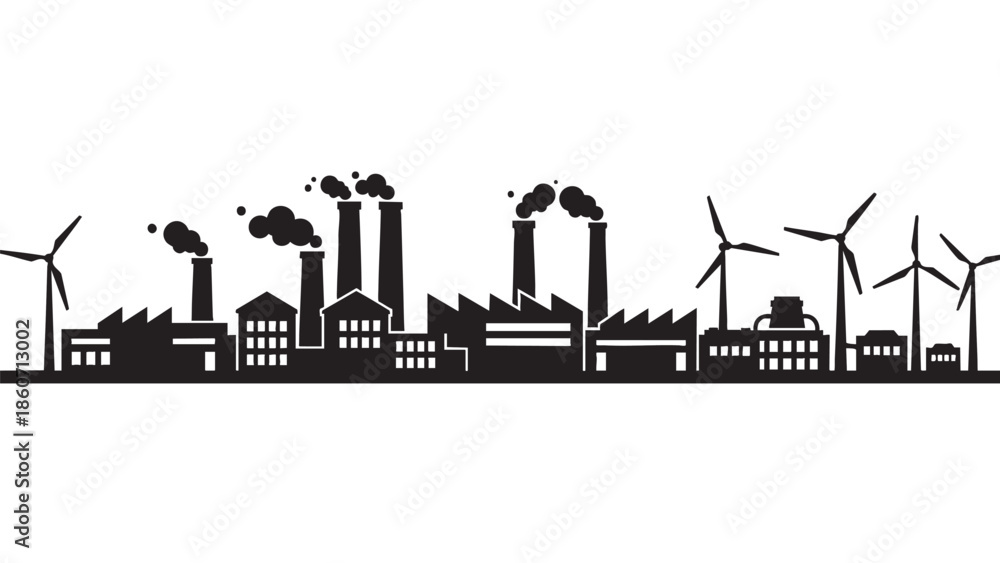 Obraz premium industrial factory with smokestacks and wind turbines on transparent background