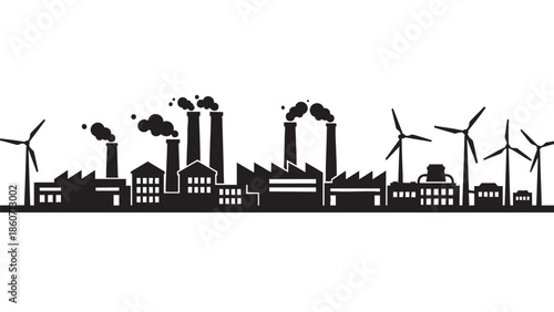industrial factory with smokestacks and wind turbines on transparent background