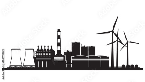 Industrial factory and wind turbines silhouette demonstrating renewable energy and manufacturing processes