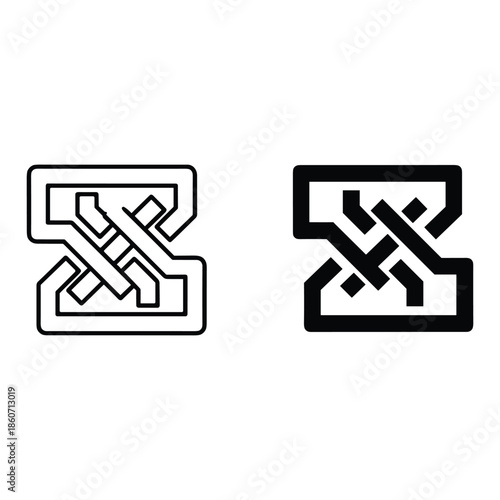 Black and white railroad crossing with thick and thin lines