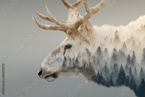 A conceptual art portrait of a reindeer, created using the double exposure technique.  