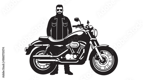 Man standing behind a modern motorcycle isolated on transparent background