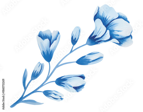 Watercolor botanical illustration of blue flowers branches with buds.
