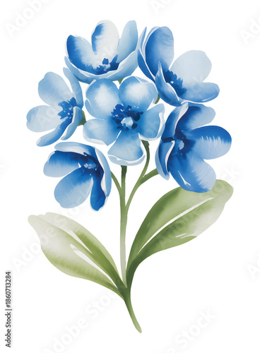 Watercolor botanical illustration of blue flowers branches with buds.