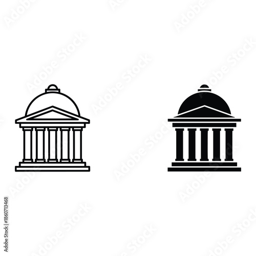 Black and white classical building with columns and dome