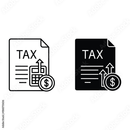 Two documents with tax and dollar symbols and upward arrows