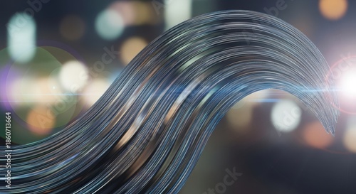 Abstract futuristic digital fiber optic network flow with bokeh background