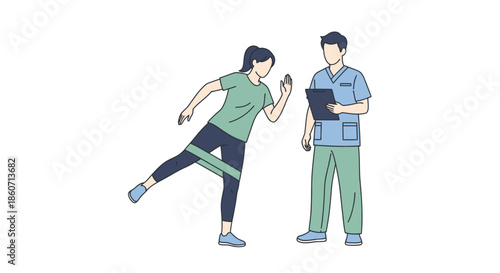 Physiotherapist guides female patient through resistance band leg exercise for rehabilitation and muscle strengthening.