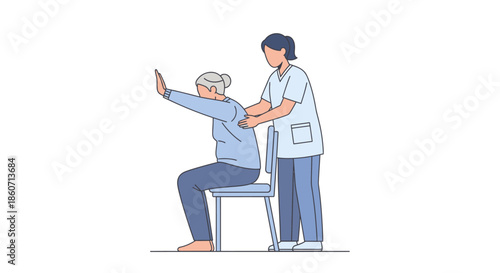 Elderly woman receiving physical therapy for back and arm movement recovery, assisted by a professional nurse or physiotherapist.