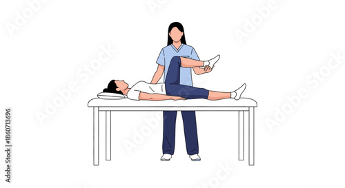 Physical Therapy Session: Physiotherapist assisting patient with leg exercise and range of motion for rehabilitation and injury recovery.