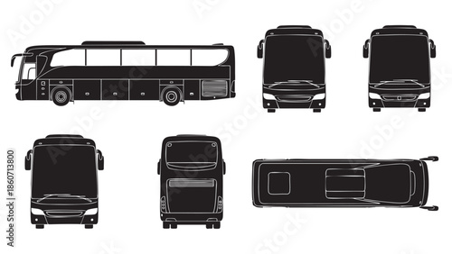 Set of detailed bus illustrations showing different views and angles