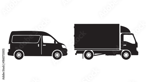 Set of commercial delivery vehicles including a van and a truck on transparent background