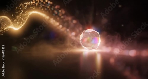 Faceted crystal with rainbow core and golden particle wave, dark background, Echoes of Light fantasy design element