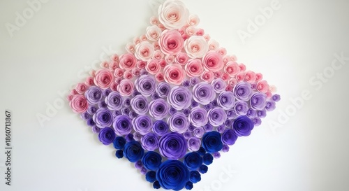 Handmade paper flowers in shades of pink and purple creating a beautiful wall art decoration