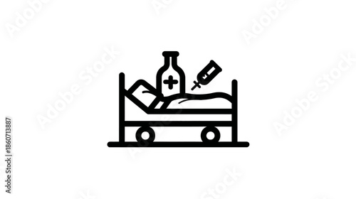 Hospital bed patient icon with medical bottle and syringe, symbolizing healthcare, illness, treatment, and recovery vector graphic.