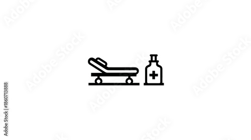 Medical Icons: Stretcher Bed and Medicine Bottle with Cross Symbol for Healthcare and Emergency Services Design